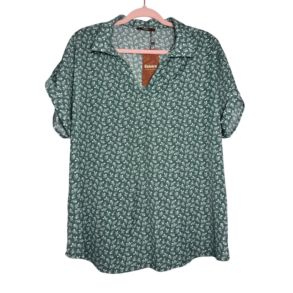 Gaharu Womens Green Floral Ditsy Print Short Sleeve V-Neck Blouse Top NEW